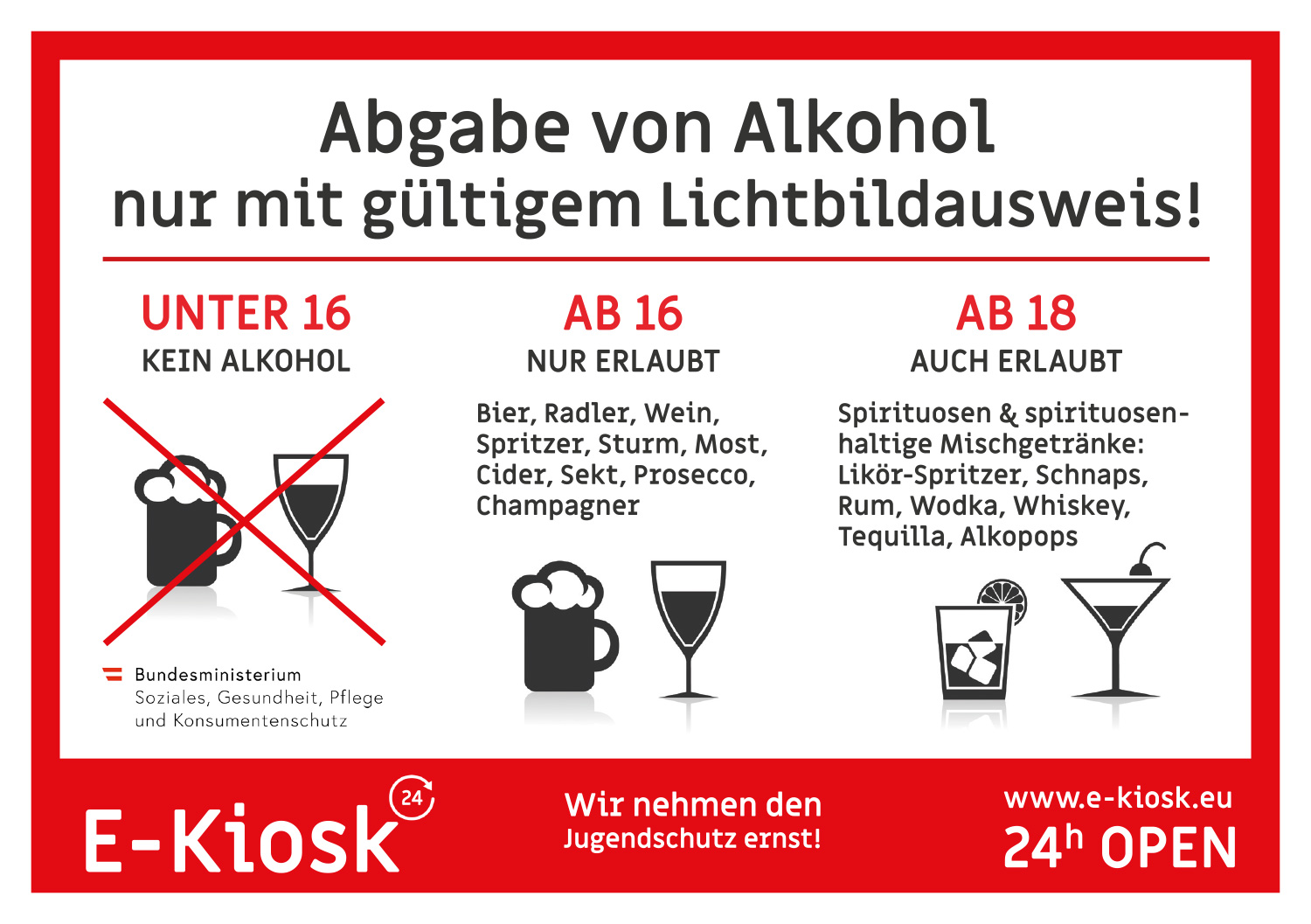 Österreichischer Jugendschutzhinweis: Verkauf von Alkohol nur an Personen ab 18 Jahren